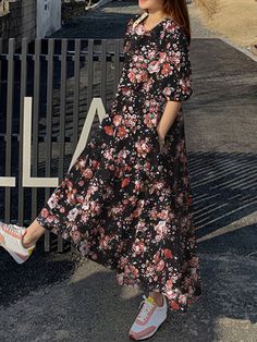 Cottagecore Flower Print Pocket Puff Sleeve Casual Maxi Dress Casual Floral Puff Sleeve Dress For Spring, Spring Floral Dress With Puff Sleeves For Day Out, Cheap Summer Dresses, Casual Maxi Dress, Maxi Dresses Casual, Color Pick, Design Element, Flower Print, Flower Prints