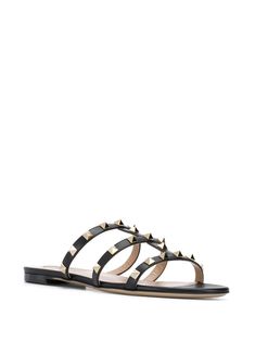 Black, calfskin, gold-tone Rockstud decoration, cage design, slip-on design, open toe, logo insole, flat leather sole. This item is in size 39 and the color is Black Elegant Sandals, Leather Sandals Flat, Leather Cap, Crossbody Tote, Leather Flats, Leather Accessories, Clutch Handbag, Flip Flop, Mens Shoes Sneakers