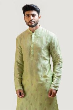 Shop for Smriti by Anju Agarwal Green Bam Silk Embroidered Kurta And Pant for Men Online at Aza Fashions Festive Green Chanderi Sherwani, Green Chanderi Sherwani Straight Kurta, Green Cotton Silk Sherwani With Zari Work, Green Chanderi Sherwani For Eid, Green Chanderi Sherwani With Cutdana Details, Green Chanderi Sherwani With Cutdana, Green Chanderi Sherwani For Diwali, Green Cotton Silk Sherwani For Diwali, Green Cotton Silk Kurta With Zari Work