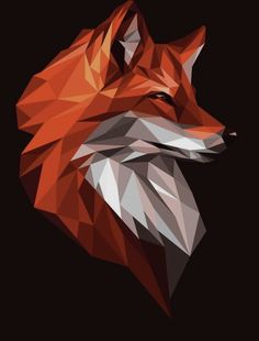 an orange fox is shown in low poly art style on a black background, with the head turned to the side