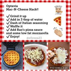 an advertisement with pictures of different types of pizzas and waffles on it