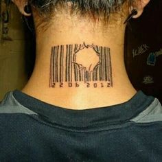 a woman with a barcode tattoo on her neck