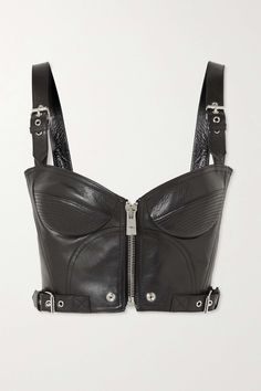 VERSACE Buckled textured-leather bralette | NET-A-PORTER Buckle Strap Top, Leather Bralette, Modern Corset, Pucci Print, Corset Fashion, Stockings Lingerie, Denim Tote Bags, Versace Outfit, Black Tweed