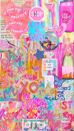 a collage of pink, blue and yellow items with the words shop written on them