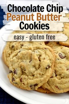 chocolate chip peanut butter cookies on a white plate with text overlay that reads easy gluten free