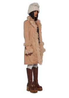 Current Mood Butterfly Flower Faux Suede Jacket - Brown Trendy Long Fur Coat With Faux Fur Lining, Trendy Long Coat With Faux Fur Lining, Chic Faux Fur Coat For Fall, Faux Fur Outerwear With Feather Trim And Long Sleeves, Faux Fur Long Sleeve Outerwear With Feather Trim, Faux Fur Long Coat For Fall, Chic Long Sleeve Suede Outerwear, Spring Faux Fur Coat With Faux Fur Trim, Fall Faux Fur Coat With Faux Fur Trim