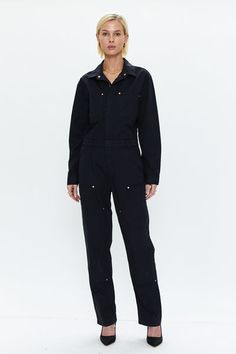 Abigail Long Sleeve Carpenter Jumpsuit - Black Rose Gold Hardware, Denim Jumpsuit, Staple Pieces, Black Jumpsuit, Front Zipper, Gold Hardware, Final Sale, Fashion Forward, Work Wear