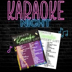 karaoke night flyer with neon lights and music notes on the brick wall behind it