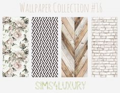 the wallpaper collection is made up of wood, brick, and white bricks with different patterns