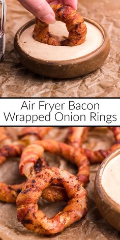 Top picture shows a bacon wrapped onion ring being dipped in ranch dressing and the bottom picture shows cooked onion rings on parchment paper with dip. Air Fryer Bacon Wrapped Onion Rings, Twisted Bacon Air Fryer, Keto Onion Rings Air Fryer, Air Fryer Wraps, Air Fried Onion Rings, Bacon Air Fryer, Bacon Onion Rings, Bacon Wrapped Onion Rings, Bacon Wrapped Onion