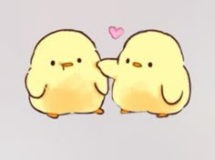 two yellow chicks facing each other with a pink heart on their forehead and one is touching the other's cheek