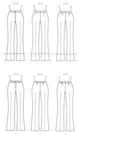 four different types of pants with measurements for each person's legs and waist length