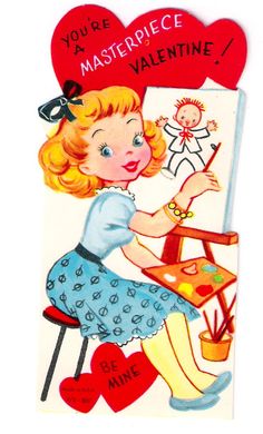 a valentine card with a girl painting on the easel