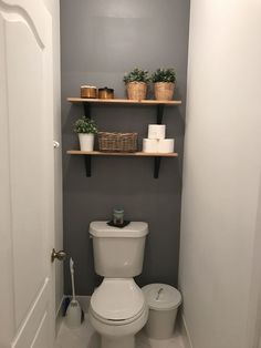 a white toilet sitting in a bathroom next to a wooden shelf filled with potted plants