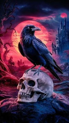 a black bird sitting on top of a skull