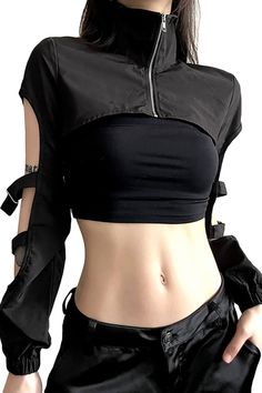 Introducing the High Neck Extreme Crop Top Techwear Jacket for Women! Elevate your style with this cutting-edge piece that seamlessly fuses fashion and function. Crafted with a blend of high-quality cotton and polyester materials, this black jacket is a must-have for techwear enthusiasts and those who embrace the urbancore aesthetic. Free shipping in the US and worldwide. S - Chest: 91 cm (35.83 inches); Length: 26 cm (10.24 inches); M - Chest: 95 cm (37.40 inches); Length: 27 cm (10.63 inches); L - Chest: 99 cm (38.98 inches); Length: 28 cm (11.02 inches); Unmatched Style: Embrace the future of fashion with this extreme crop top jacket that's perfect for techwear, modern streetwear, and TikTok-inspired clothing trends. Exceptional Comfort: Made from high-quality cotton and polyester, this Types Of Turtlenecks, Cyberpunk Fashion Women, Turtleneck Streetwear, Arcane Oc, Streetwear Fashion Black, Turtleneck Pattern, Techwear Jacket, Tech Clothing, Gothic Mode