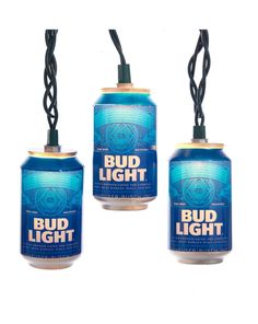 three cans of bud light hanging from cords