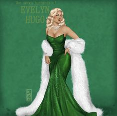 a drawing of a woman in a green dress with white fur on her shoulders and arms