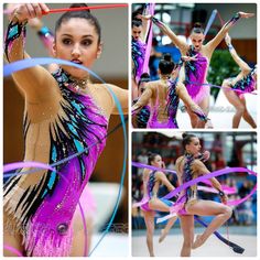 a woman in a purple and blue dress is doing some tricks