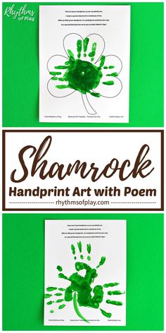 the handprint art with poem is displayed on a green background, and there are two pictures