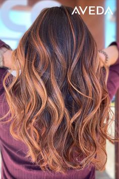 Pumpkin Spice Bayalage Hair, Different Styles Of Highlights, Pumpkin Balayage Hair, Brown Balayage With Copper, Highlights With Auburn Hair, Autumn Color Hair Highlights, Cowboy Copper Hair Brunette With Blonde Highlights, Fall Foils Hair, Dark Brown Hair With Copper Bayalage