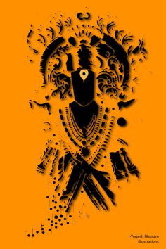 an orange background with some black and white designs on it, including the head of a bird