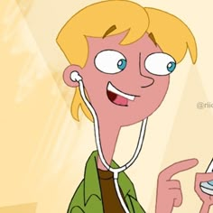 a cartoon character holding a cell phone and pointing to the screen with both hands while wearing headphones