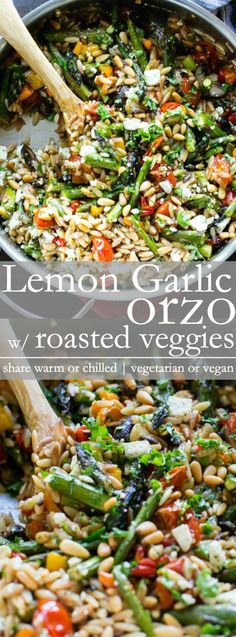 lemon garlic orzoni and roasted veggies in a skillet