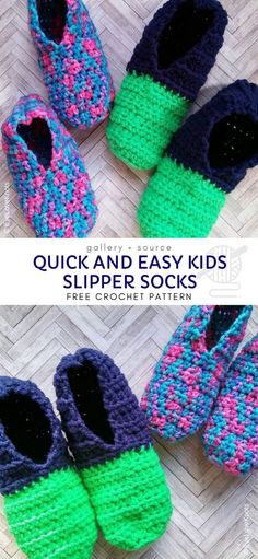 crocheted slippers with the words quick and easy kids slippers written on them