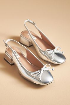 Leather upper, insole Rubber sole Slip-on styling Imported | Suzy Slingback Heels by Bibi Lou in Silver, Women's, Size: 40, Leather/Rubber at Anthropologie Block Heel Slingback, Silver Pumps, Slingback Heels, Wide Calf Boots, Wedding Heels, Silver Heels