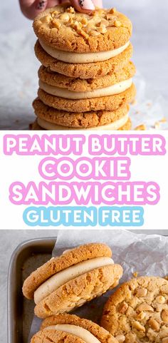 peanut butter cookie sandwiches are stacked on top of each other with the words, gluten free