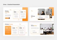 four presentation slides with orange and white accents