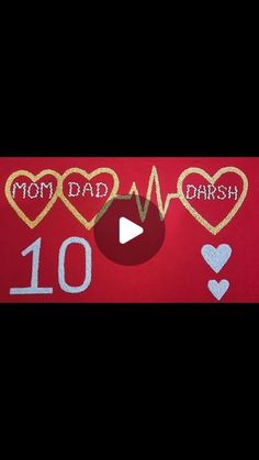 the words mom dad and dash written in gold glitter on a red background with hearts