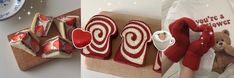 there are two pictures, one with red and white icing the other has heart shaped lollipops