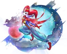 a cartoon character flying through the air in front of a blue and red circle with clouds