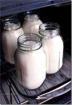 four jars filled with white liquid sitting on top of an oven rack next to each other