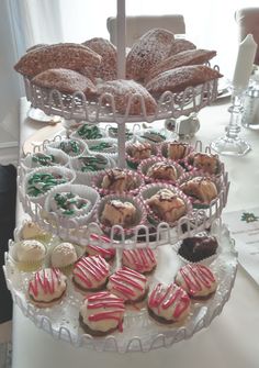 an assortment of pastries are displayed on a table