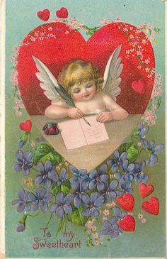 an old fashioned valentine card with a cupid angel writing