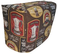 a brown and red ottoman cover with coffee related items all over the top, on a white background