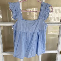 Size Medium, Never Worn. No Flaws Spring Daytime Blue Blouse, Blue Tops For Daytime Spring, Blue Tops For Daytime In Spring, Spring Blue Blouse For Daytime, Blue Sleeveless Blouse For Brunch, Sleeveless Blue Blouse For Brunch, Blue Summer Tops For Daytime, Chic Blue Tops For Daytime, Smock Blouse