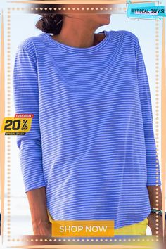 Women Striped Tee Long Sleeve T Shirt Crew Neck Striped Relaxed Fit Top, Striped Relaxed Fit Crew Neck Top, Relaxed Fit Striped Crew Neck Top, Striped Crew Neck Tops For Summer, Boat Neck Top, Boat Neck Tops, Simple Tees, Casual Tops For Women, Unique Designers