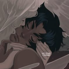 an animated image of a man sleeping in bed with his head on the pillow and angel wings above him