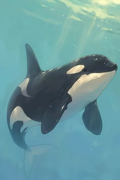 an orca swimming in the water with its head above the water's surface