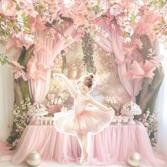 a painting of a ballerina girl in front of a stage with pink curtains and flowers