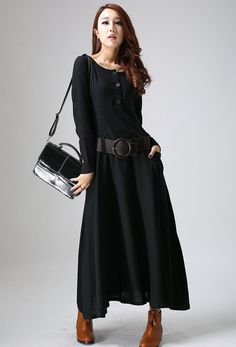 Black dress maxi linen dress woman's long sleeve dress casual dress cu – xiaolizi Black Dress Maxi, Plus Size Linen Dress, Long Sleeve Dress Casual, Maxi Linen Dress, Sleeve Dress Casual, Green Linen Dress, Modest Wardrobe, Handmade Skirts, Linen Dress Women