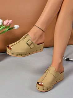 Studded Elegance: Women's Red Wedge Heel Sandals with Beige Cloth Trendy Beige Closed Toe Wedge Sandals, Casual Spring Platform Slippers With Buckle Closure, Casual Platform Slippers With Buckle Closure For Spring, Summer Platform Slippers With Buckle Closure And Round Toe, Summer Platform Flat Clogs, Open Toe Platform Slippers With Buckle For Beach, Beach Open Toe Platform Slippers With Buckle, Beach Platform Slippers With Buckle Closure, Open Toe Platform Slippers With Buckle Closure For Beach