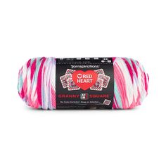 red heart grannys yarn in pink, white and blue stripes on a white background