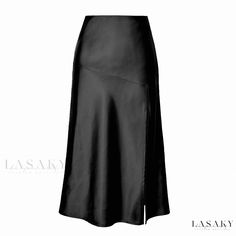 Lasaky - High-Waisted Lustrous Satin Midi Skirt with Silky Solid Color, Side Slit Detail, and Flowy Hem Socialite Style, Long Skirt Fashion, Split Skirt, Satin Midi Skirt, Split Dress, Black Side, Satin Skirt, Women Skirts Midi, Types Of Skirts