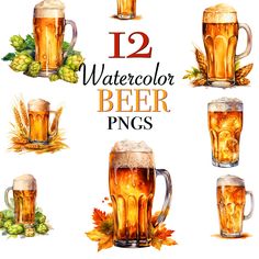 12 watercolor beer mugs with autumn leaves and hops on the side, all in different positions