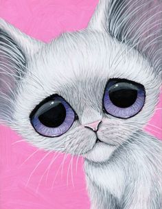 a painting of a white cat with big blue eyes on a pink background is shown